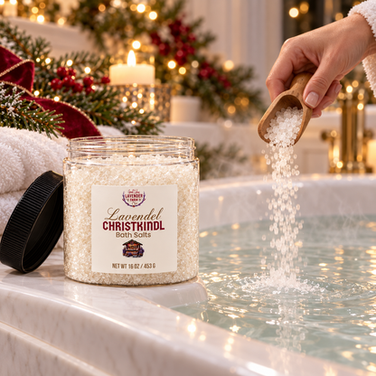 Pouring Christkindl bath salts from a wooden scoop into a warm bath