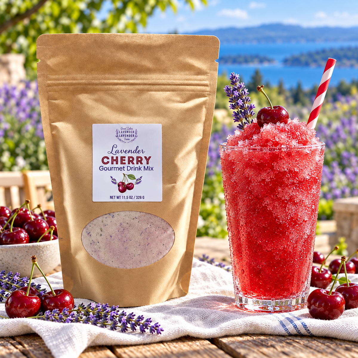 Lavender Cherry Gourmet Drink Mix pouch beside a red slushie with a striped straw by the water