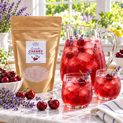 Lavender Cherry Gourmet Drink Mix pouch beside a pitcher and glasses of red cherry drink and cherries