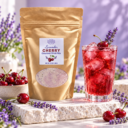 Lavender Cherry Gourmet Drink Mix pouch on a stone slab beside an iced cherry drink and fresh cherries