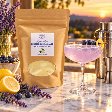 Lavender Blueberry Lemonade Gourmet Drink Mix pouch beside a pale purple cocktail at sunset