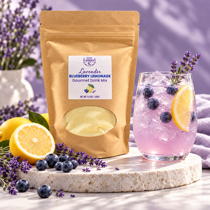 Lavender Blueberry Lemonade Gourmet Drink Mix pouch beside an iced glass with blueberries and lemon