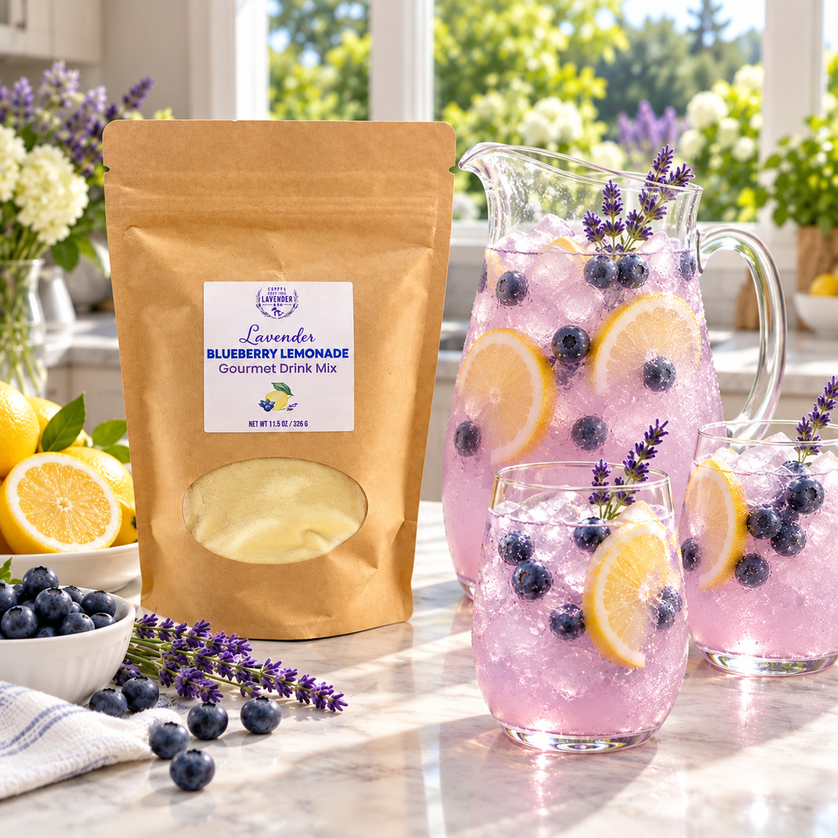 Lavender Blueberry Lemonade Gourmet Drink Mix pouch beside a pitcher and glasses of blueberry lemonade