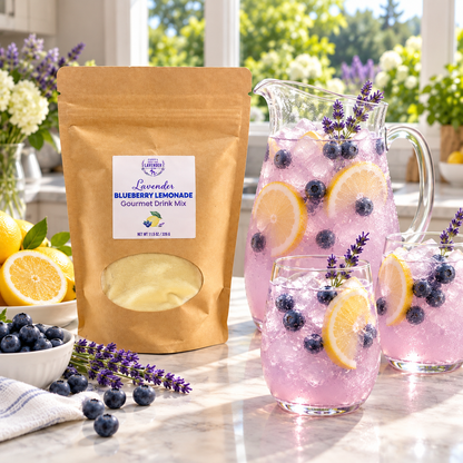 Lavender Blueberry Lemonade Gourmet Drink Mix pouch beside a pitcher and glasses of blueberry lemonade