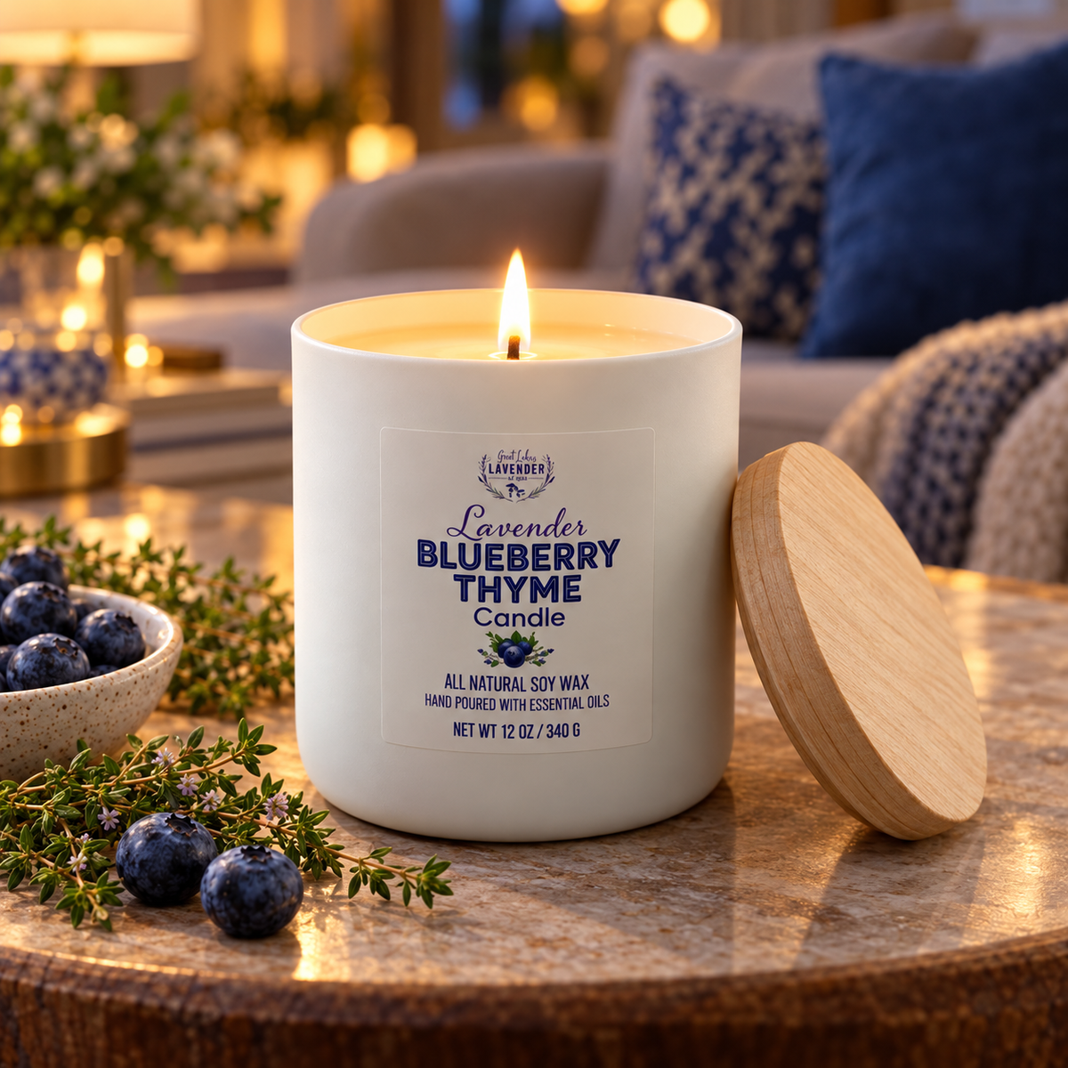 Lavender Blueberry Thyme Candle lit in a white ceramic jar, lid set aside, in a cozy living room with blueberries