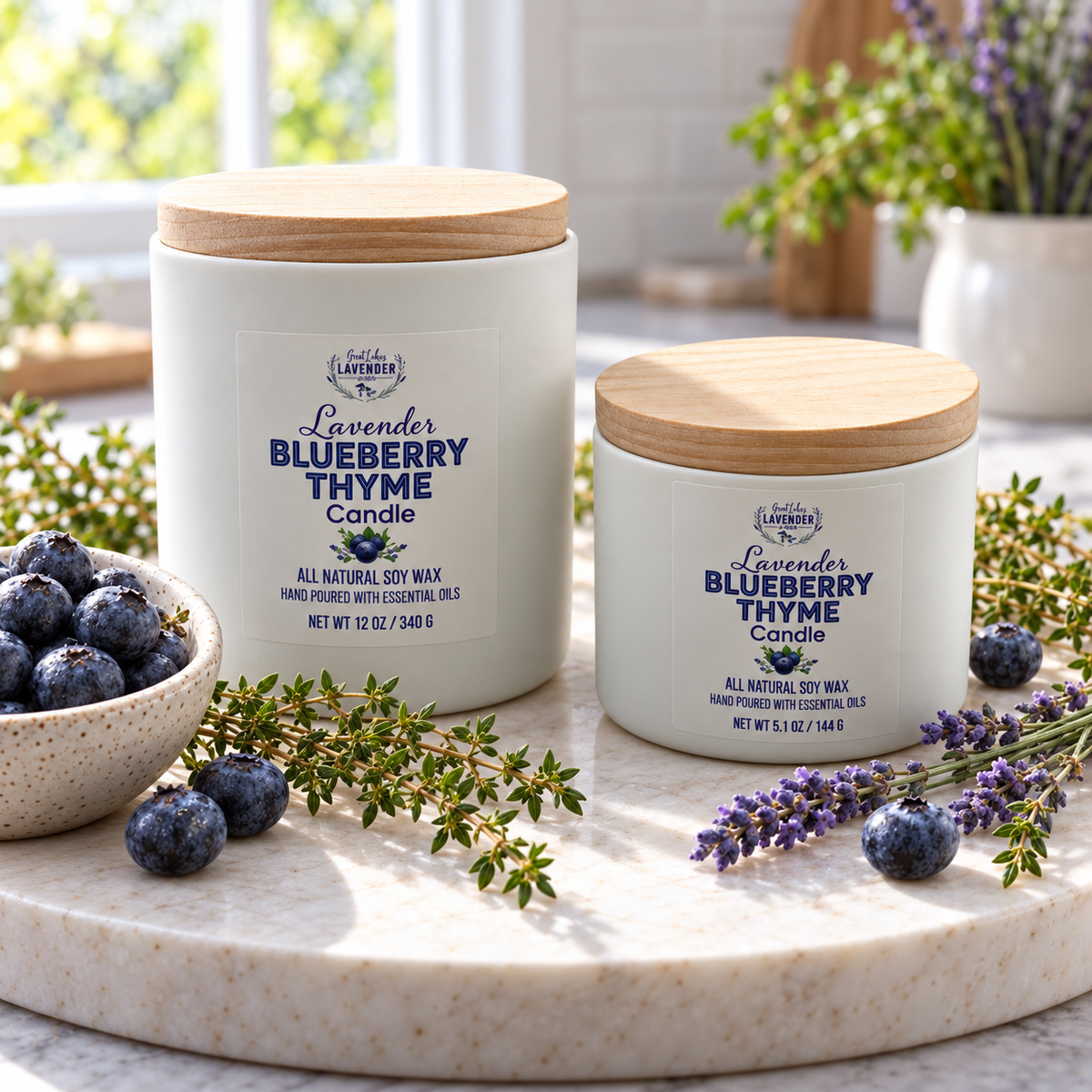 Lavender Blueberry Thyme Candles, large and small, on a marble tray with blueberries, thyme and lavender