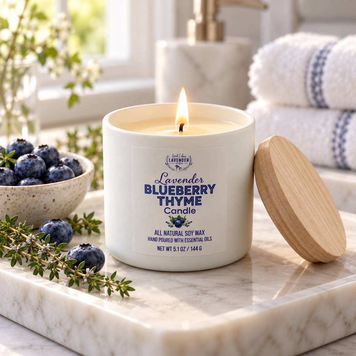 Lavender Blueberry Thyme Candle, 5.1 oz, lit on a marble tray with blueberries, thyme and towels in a bathroom