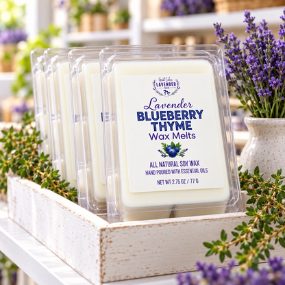 Several Lavender Blueberry Thyme Wax Melts packs standing in a white wooden crate with lavender