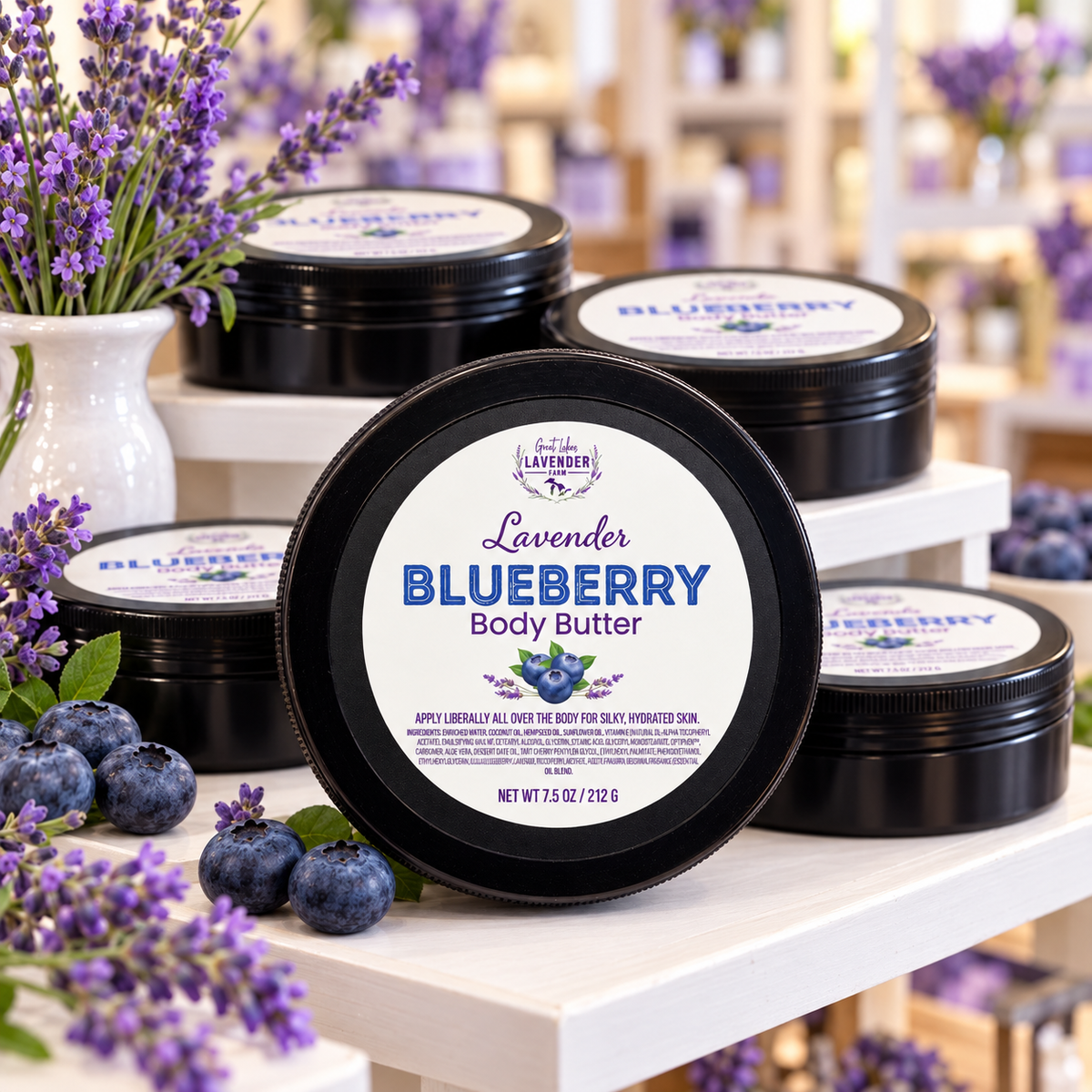 Several Lavender Blueberry Body Butter jars on white display shelves with blueberries and lavender