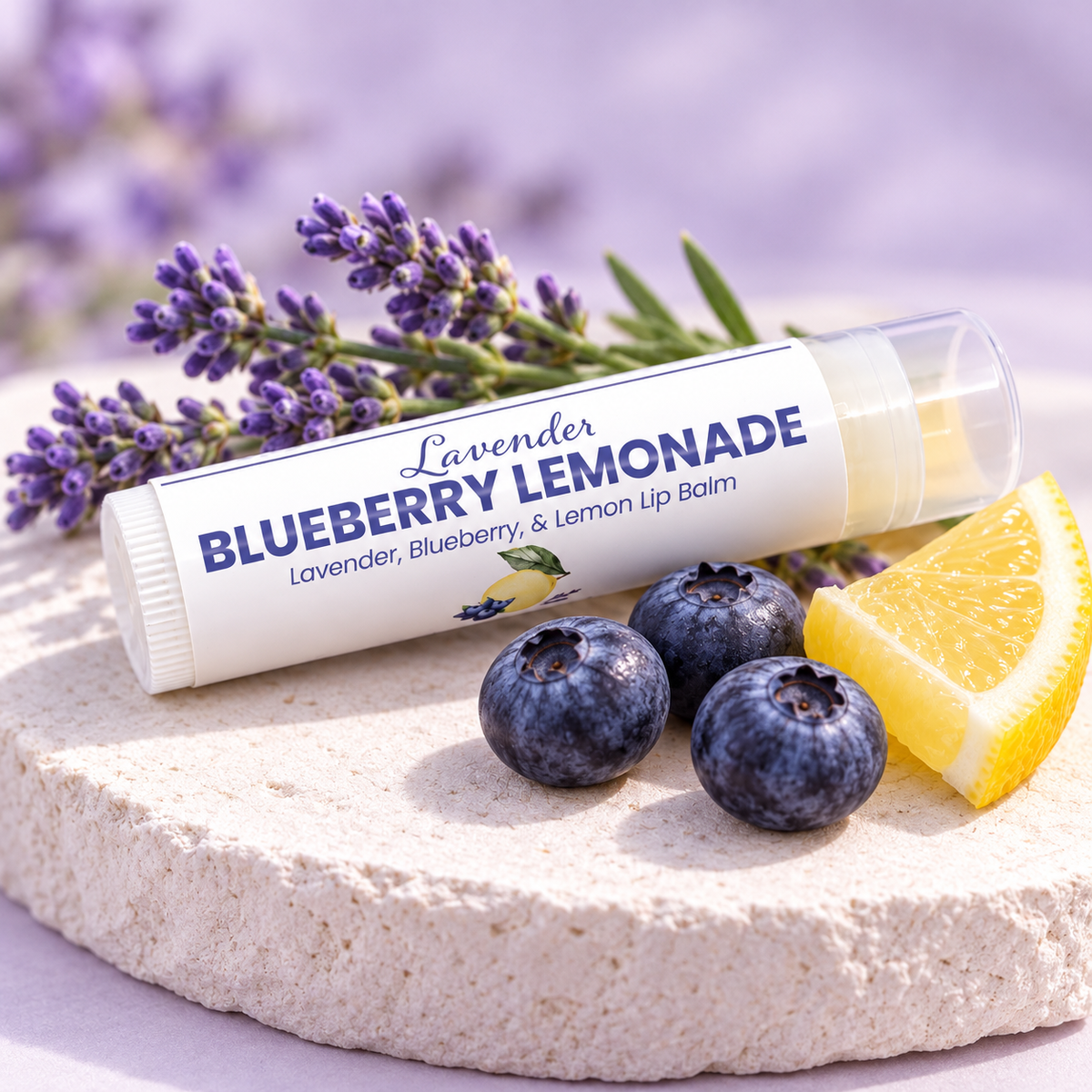 Lavender Blueberry Lemonade Lip Balm on a stone stand with blueberries, a lemon wedge and lavender