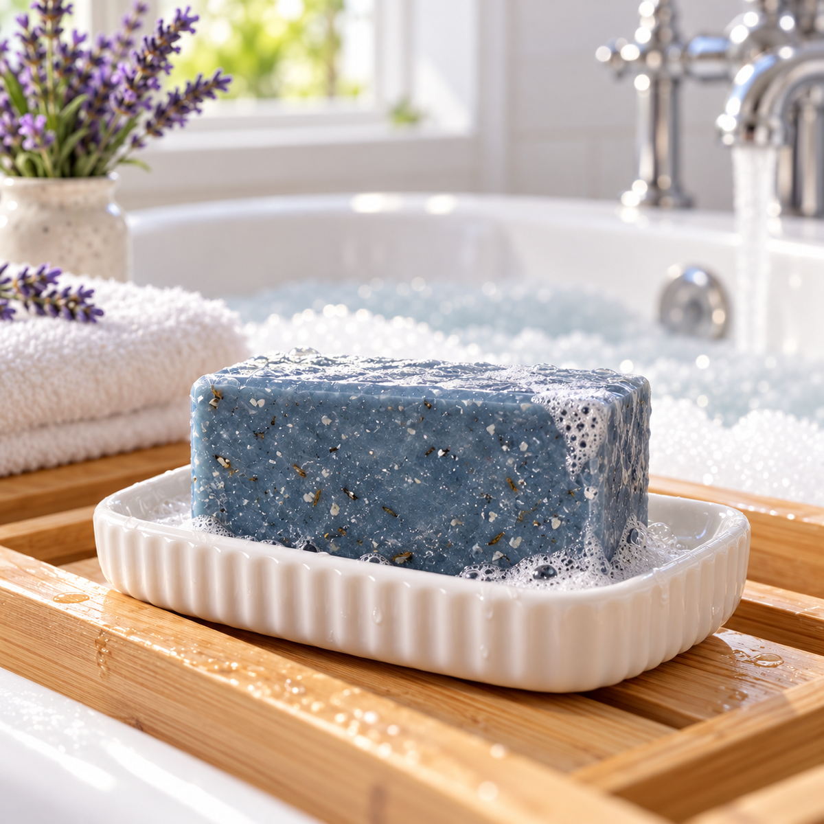 Lavender Blueberry Bar Soap with lather in a soap dish on a bath tray over a bubble-filled tub