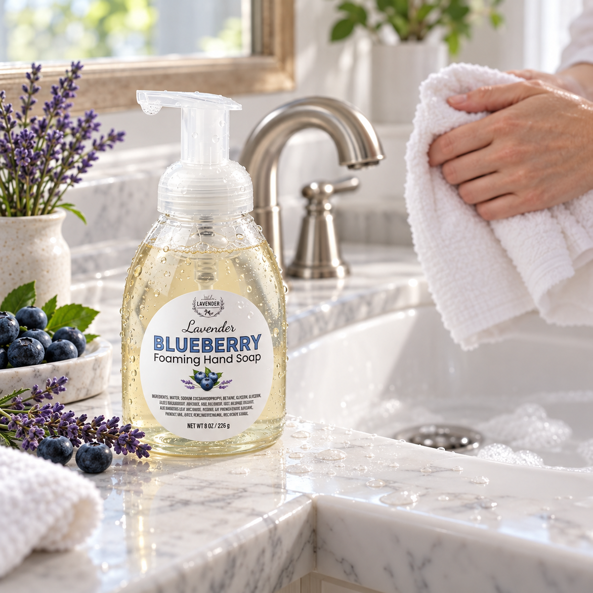 Lavender Blueberry Foaming Hand Soap on a marble sink edge as a person dries hands on a towel