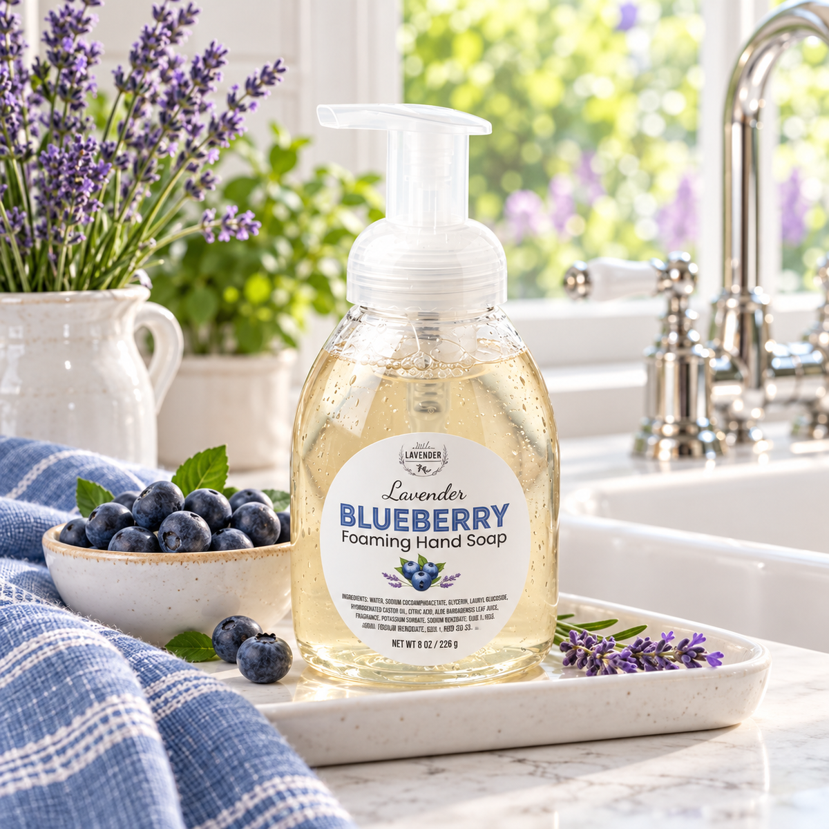 Lavender Blueberry Foaming Hand Soap on a white tray by a faucet with a bowl of blueberries