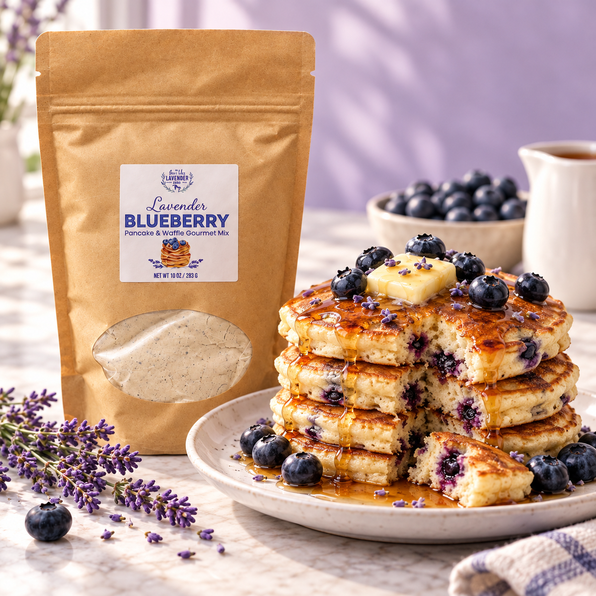 Lavender Blueberry Pancake & Waffle Mix pouch beside a stack of blueberry pancakes with butter and syrup