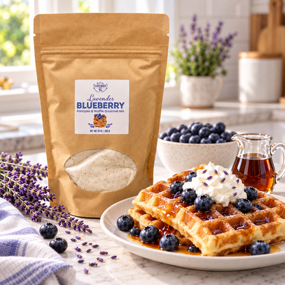Lavender Blueberry Pancake & Waffle Mix pouch beside a waffle topped with whipped cream and blueberries