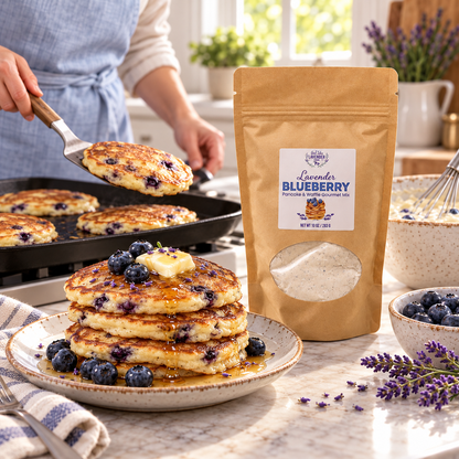 Person flipping blueberry pancakes on a griddle beside a pouch of Lavender Blueberry Pancake & Waffle Mix