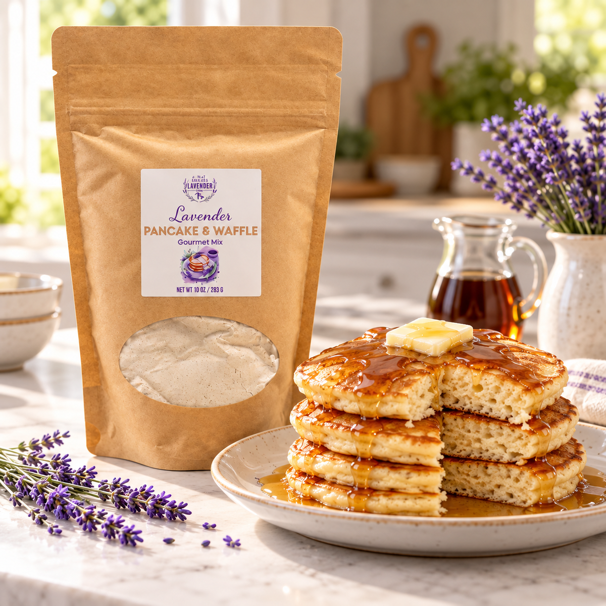 Lavender Classic Pancake & Waffle Mix pouch beside a stack of pancakes with butter and syrup