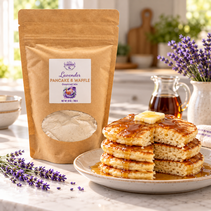 Lavender Classic Pancake & Waffle Mix pouch beside a stack of pancakes with butter and syrup