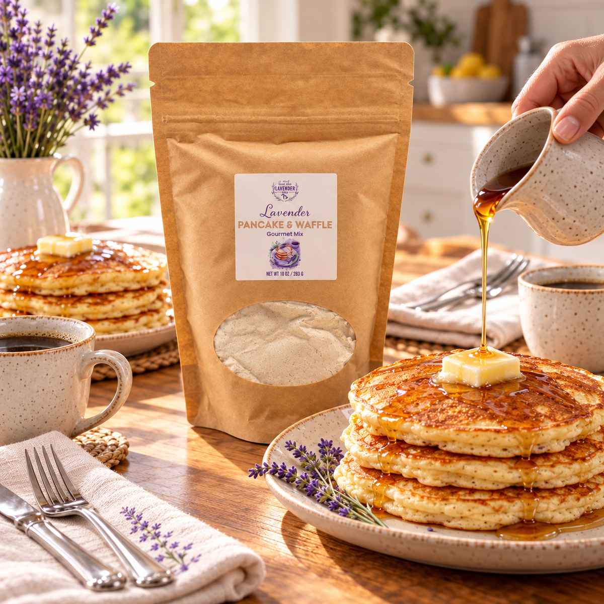 Syrup poured over pancakes beside a pouch of Lavender Classic Pancake & Waffle Mix and a cup of coffee