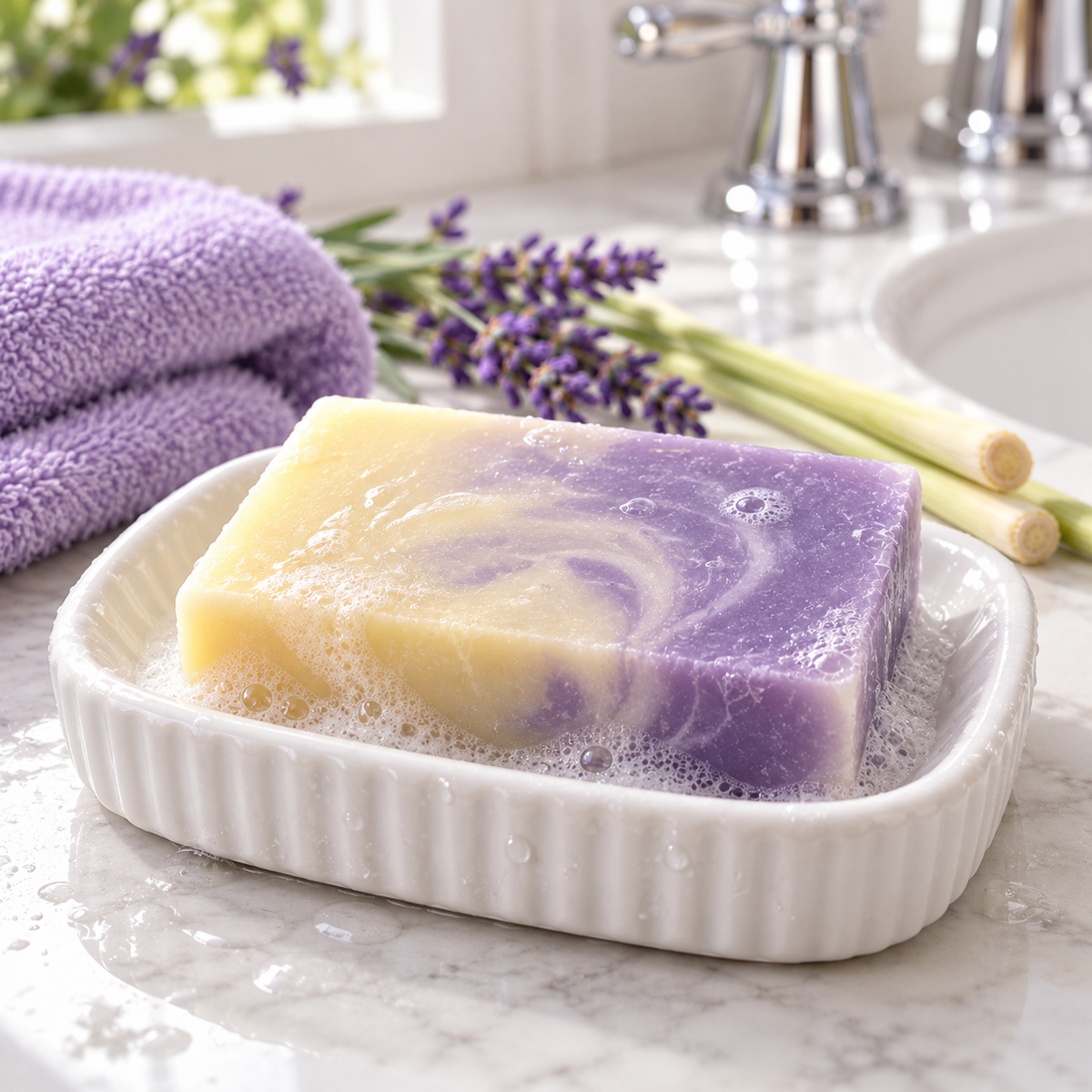 Lavender Lemongrass Bar Soap, a swirled yellow and purple bar on a wet ceramic soap dish
