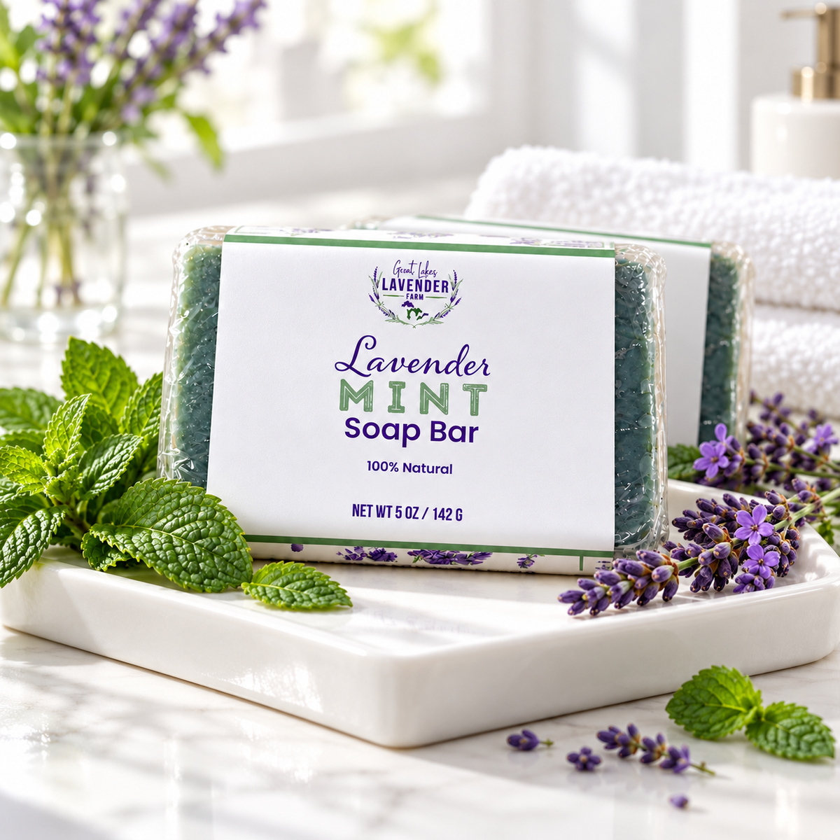 Lavender Mint Bar Soap in its label wrap on a white tray with fresh mint and lavender sprigs