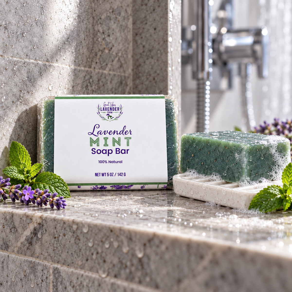 Lavender Mint Bar Soap wrapped and unwrapped bars on a wet shower ledge with mint and lavender