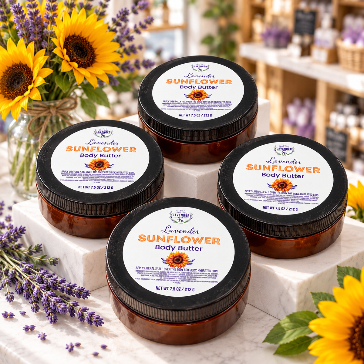 Four Lavender Sunflower Body Butter jars on white display blocks with sunflowers and lavender