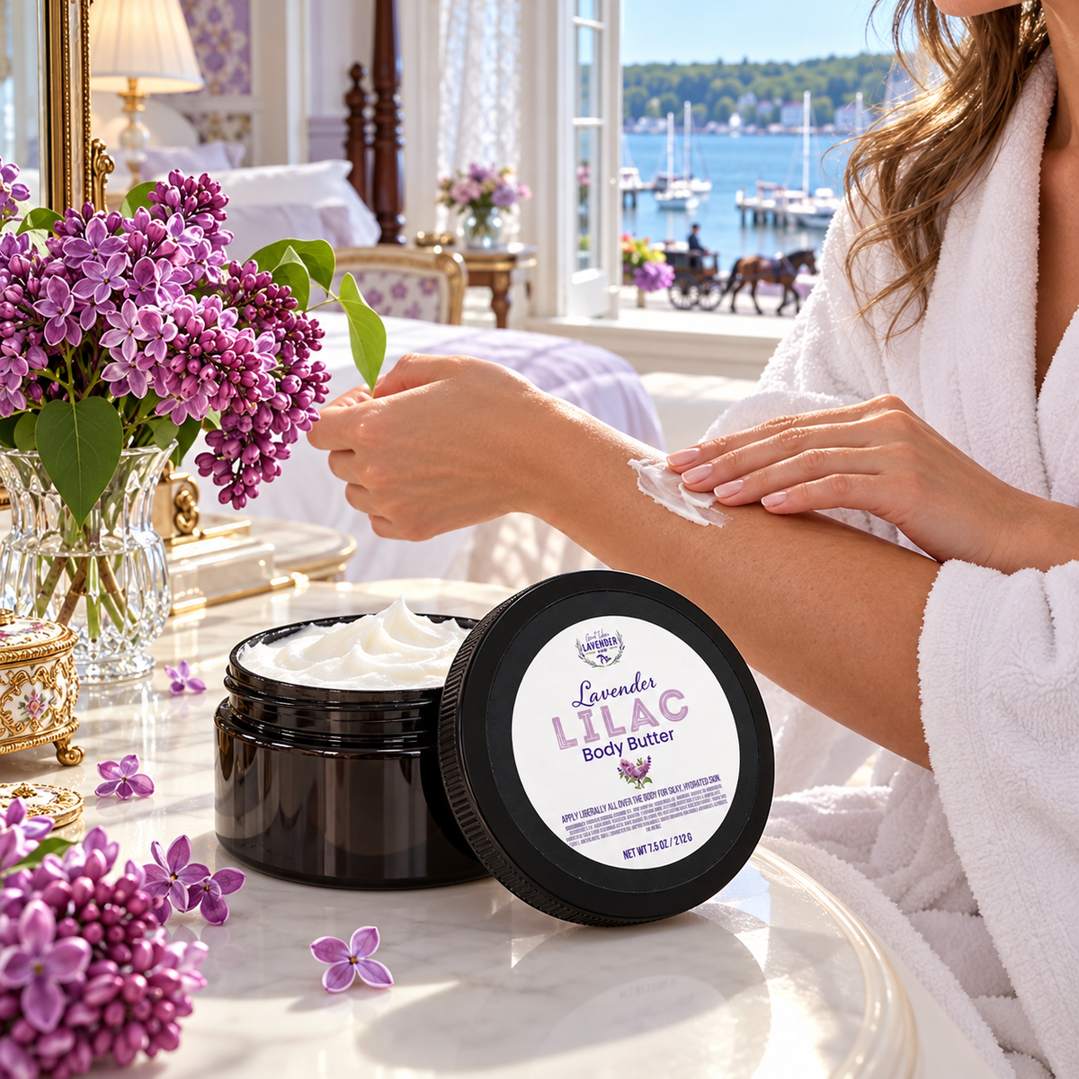 Woman applying Lavender Lilac Body Butter to her arm beside the open jar and a vase of lilacs