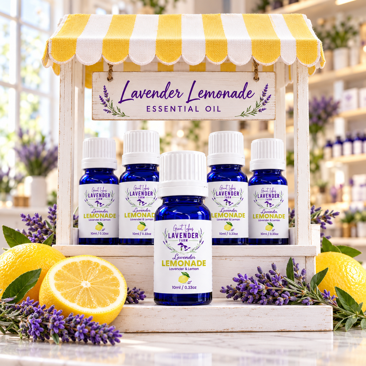 Lavender Lemonade Essential Oil bottles in a striped-awning stand display with lemons and lavender