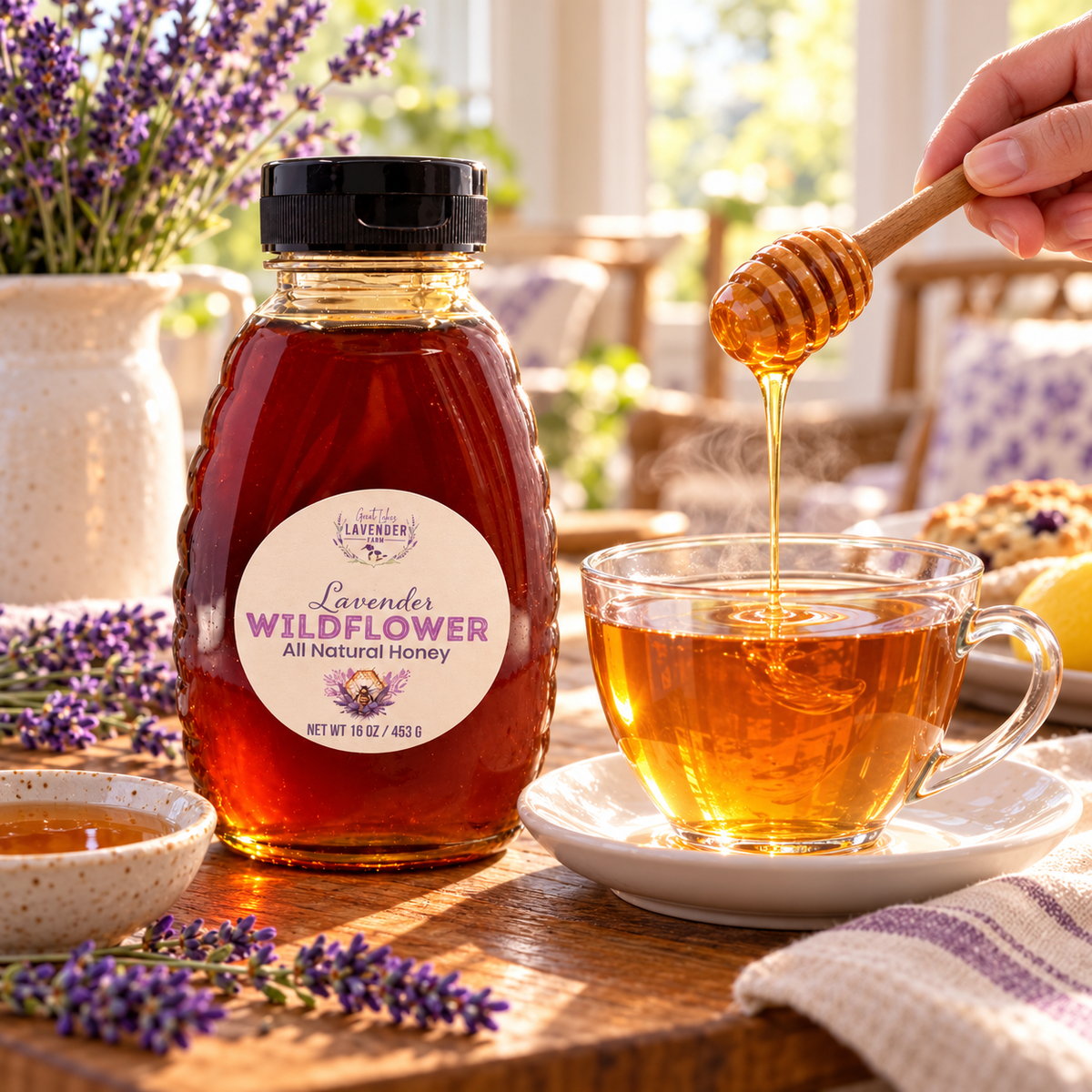 Lavender Wildflower Honey bottle beside a cup of tea as honey drizzles from a dipper