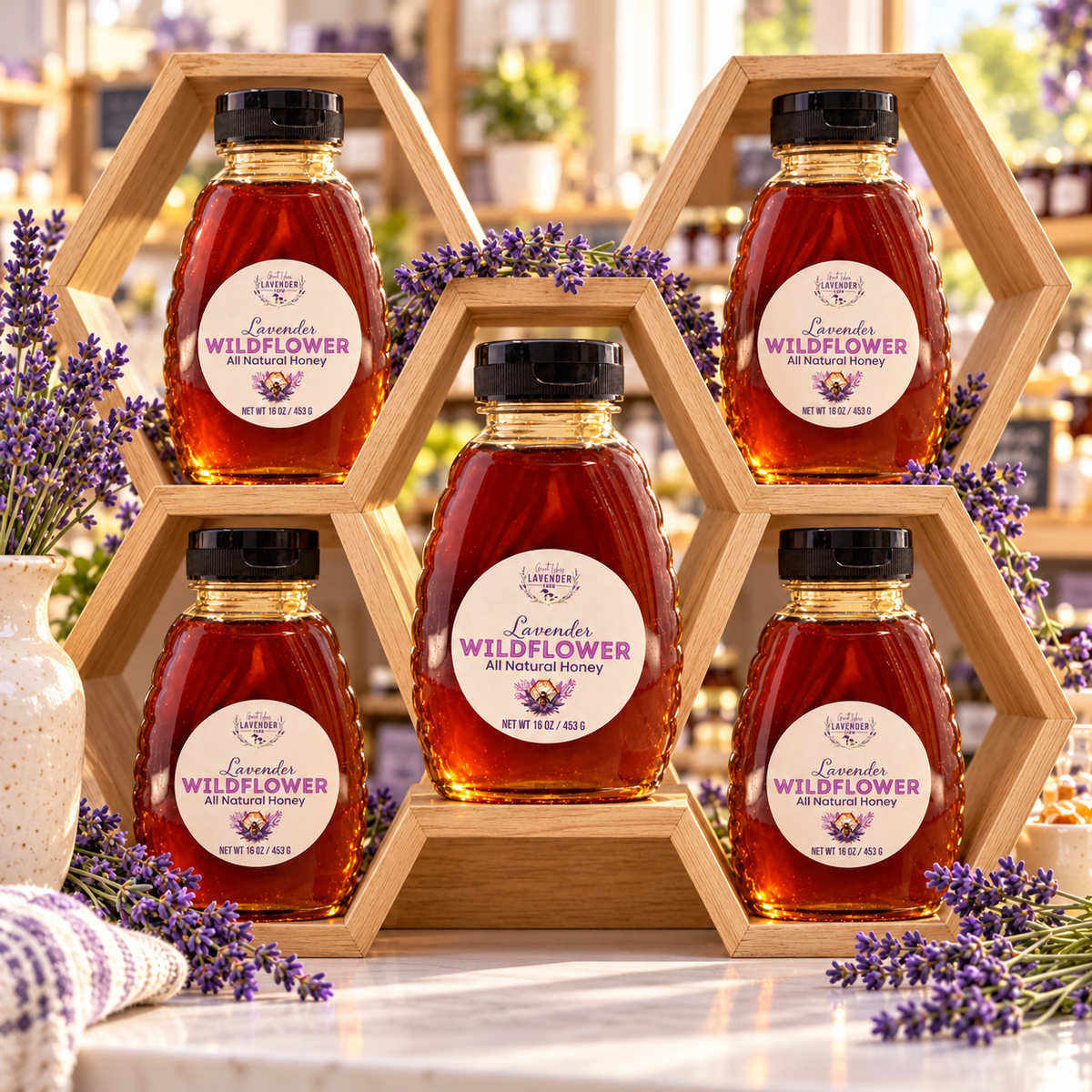 Five bottles of Lavender Wildflower Honey displayed in a wooden hexagon shelf with lavender