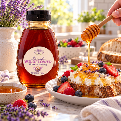 Lavender Wildflower Honey bottle beside toast with ricotta and berries drizzled with honey