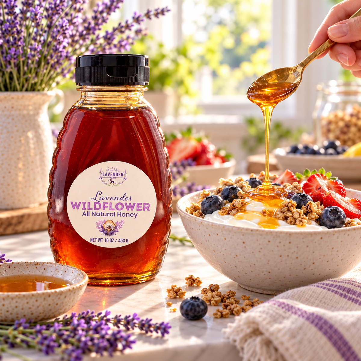 Lavender Wildflower Honey bottle beside a yogurt bowl with berries and granola drizzled with honey
