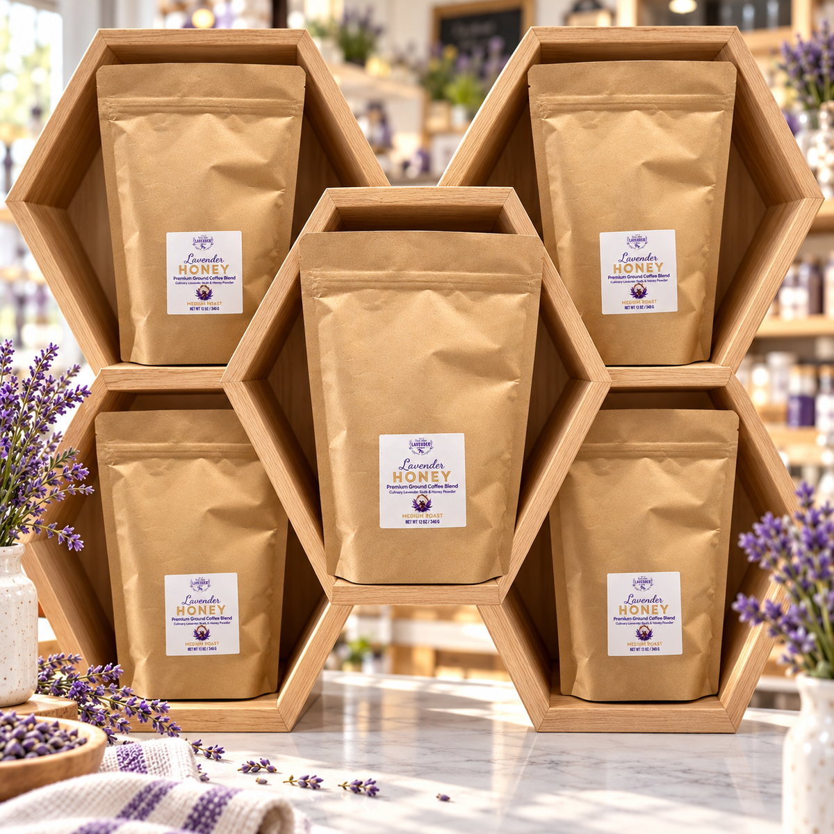 Five bags of Lavender Honey Ground Coffee displayed in a wooden hexagon shelf with lavender