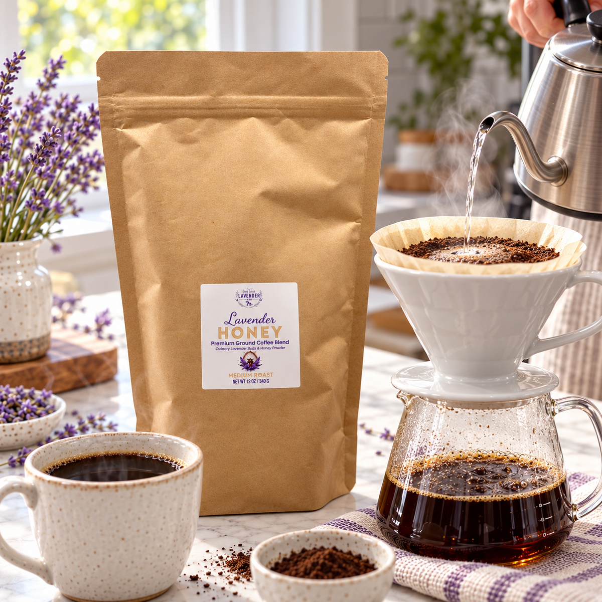 Lavender Honey Ground Coffee bag beside a pour-over coffee maker, a cup of coffee and ground coffee
