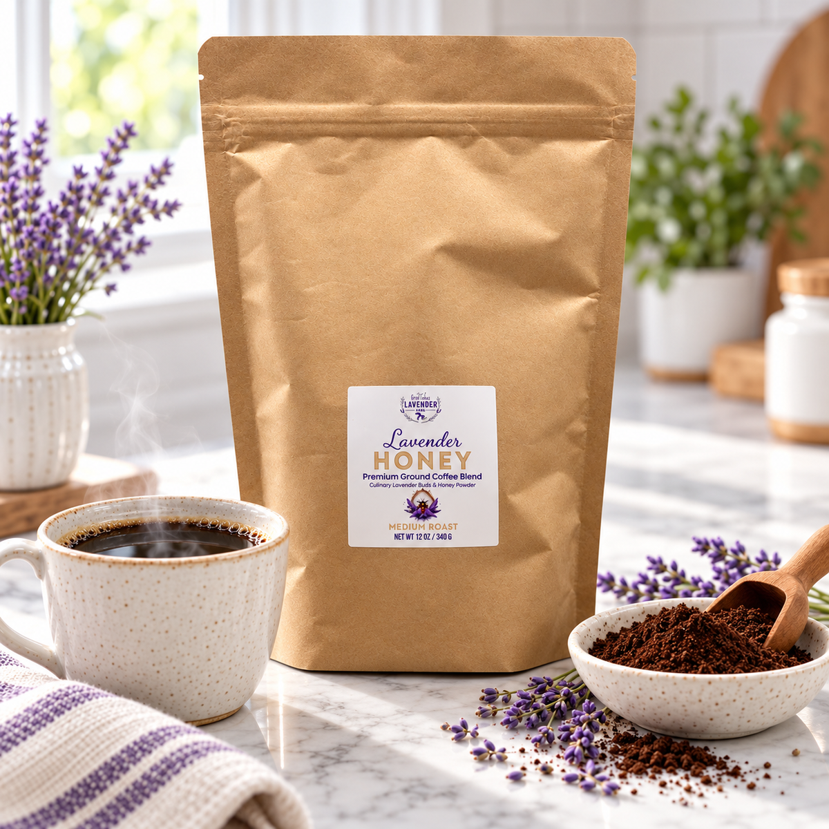 Lavender Honey Ground Coffee bag beside a cup of coffee and a bowl of ground coffee with a scoop