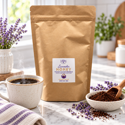 Lavender Honey Ground Coffee bag beside a cup of coffee and a bowl of ground coffee with a scoop