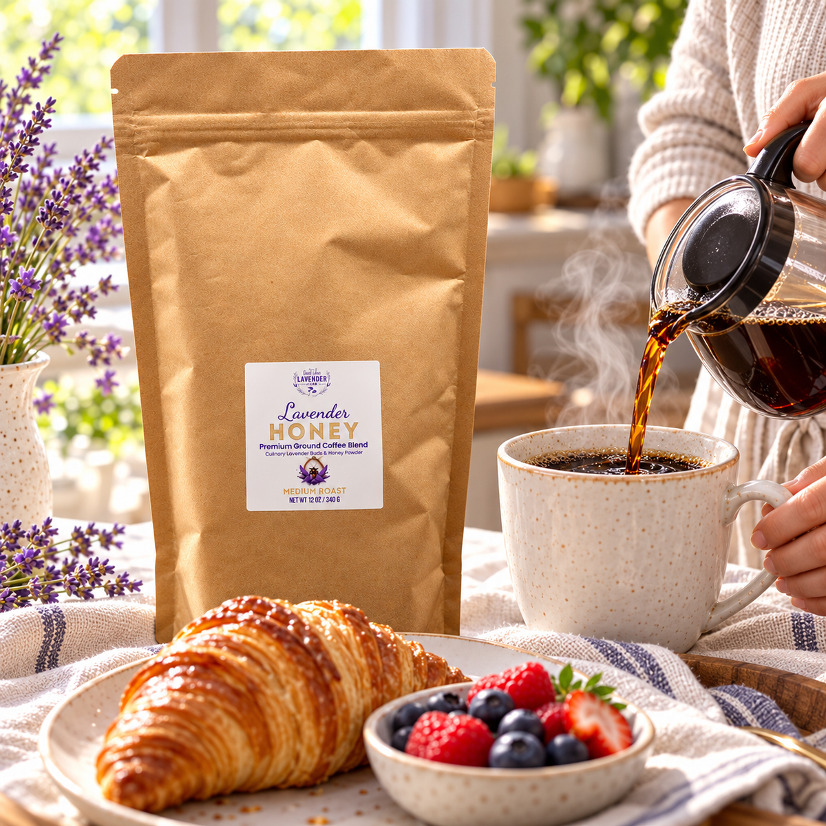 Coffee poured into a mug beside a bag of Lavender Honey Ground Coffee, a croissant and berries