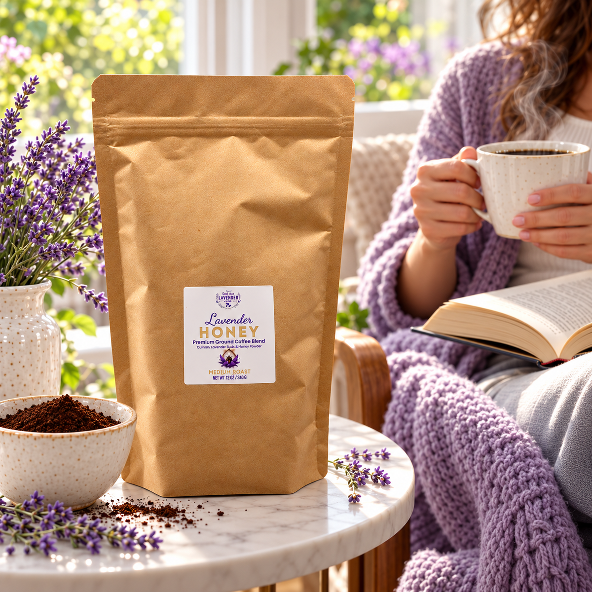Lavender Honey Ground Coffee bag on a side table as a woman in a purple sweater reads with a cup of coffee