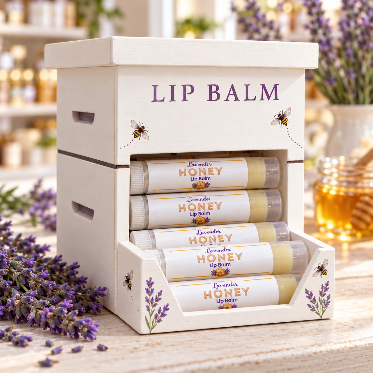 Lavender Honey Lip Balm tubes in a white beehive-style display box with lavender and honey