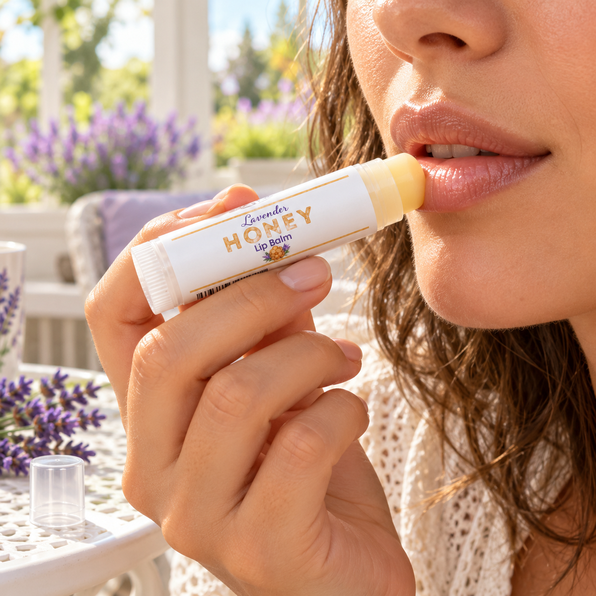 Woman applying Lavender Honey Lip Balm to her lips outdoors with lavender in the background