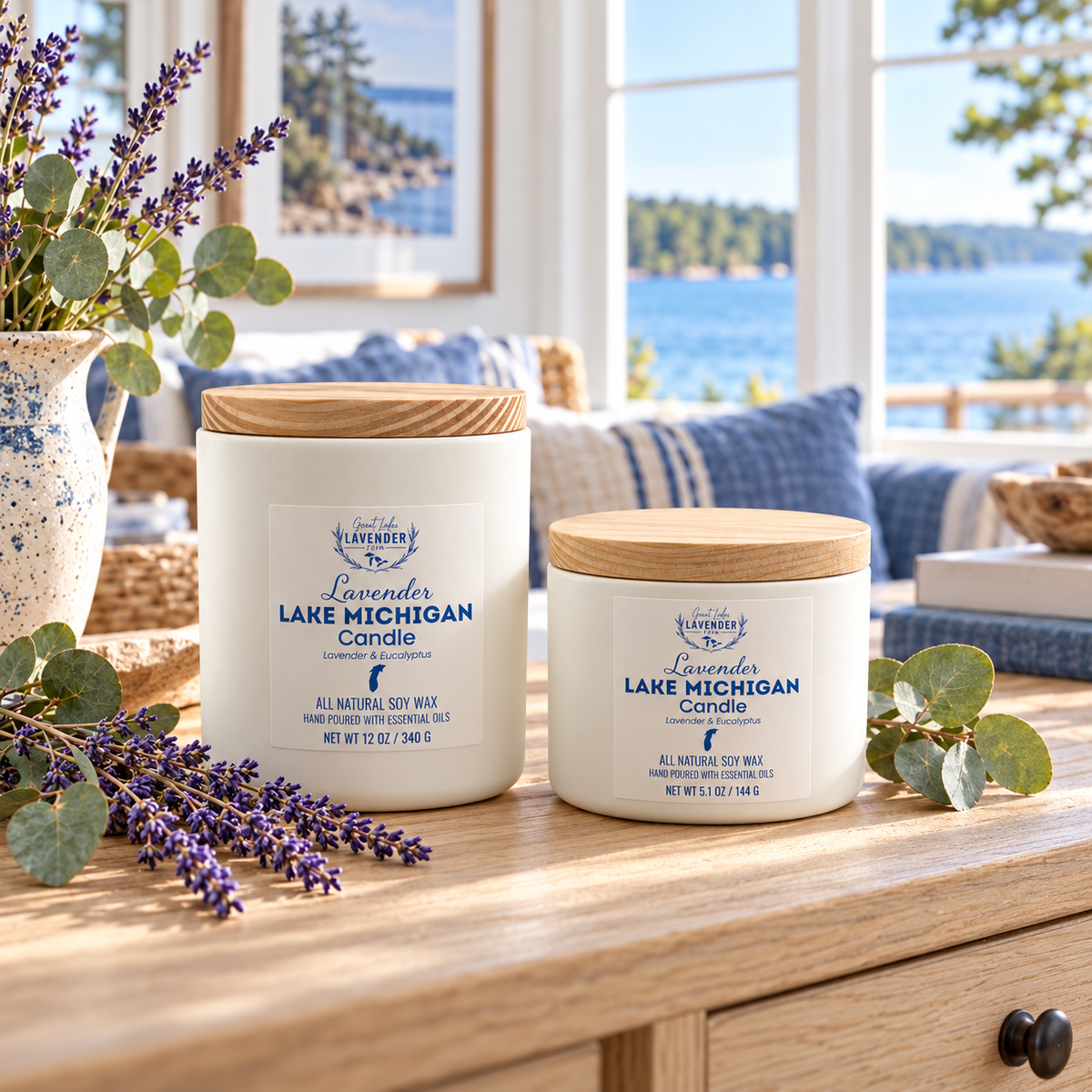 Lavender Lake Michigan Ceramic Candle