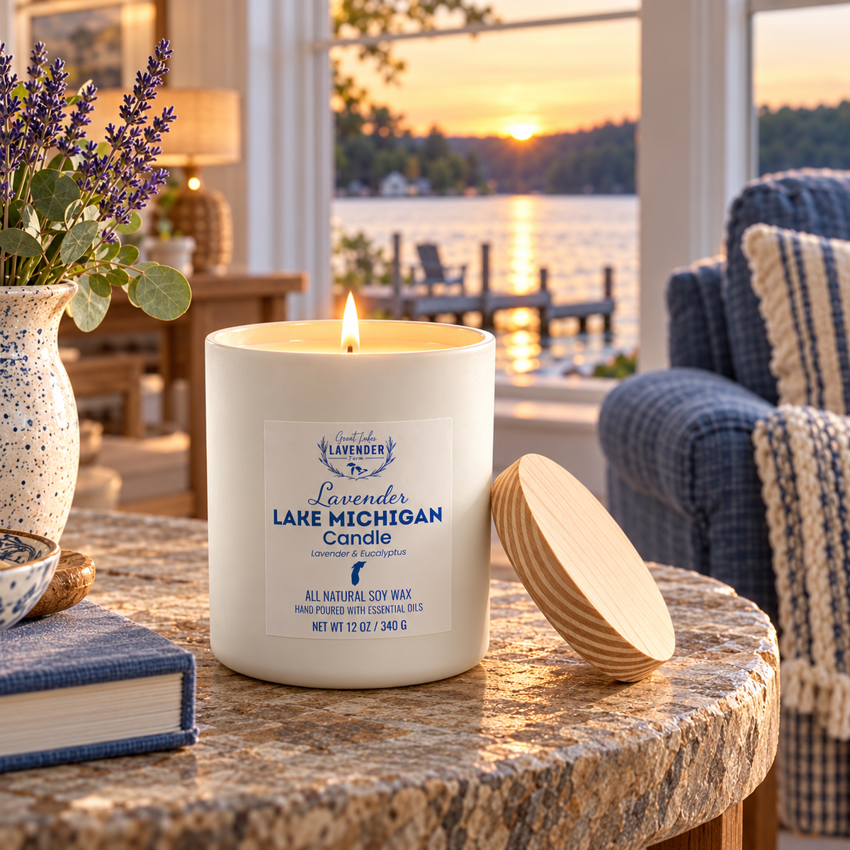 Lavender Lake Michigan Ceramic Candle