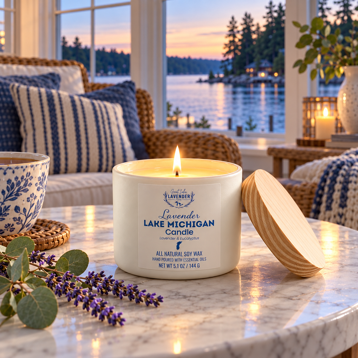Lavender Lake Michigan Ceramic Candle