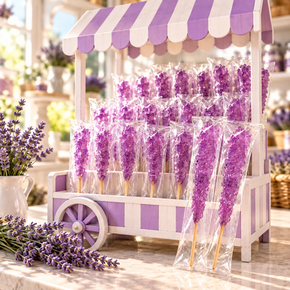 Wrapped purple Lavender Rock Candy sticks filling a striped lavender and white candy cart display