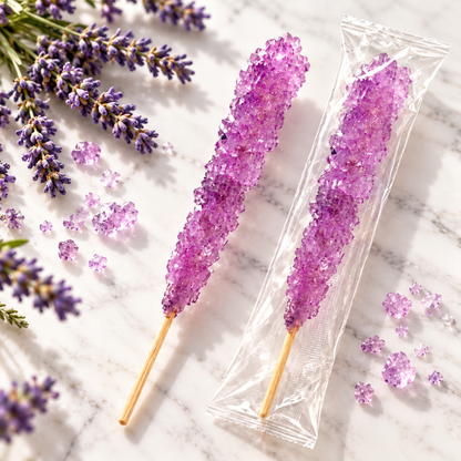Two purple Lavender Rock Candy sticks, one wrapped, on marble with lavender sprigs and loose crystals
