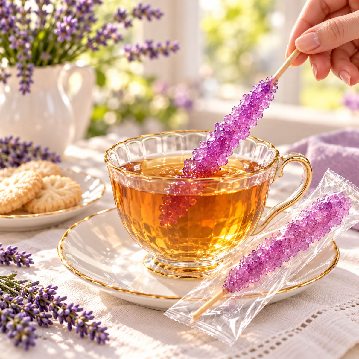 Hand stirring a cup of tea with a purple Lavender Rock Candy stick, wrapped stick on the saucer
