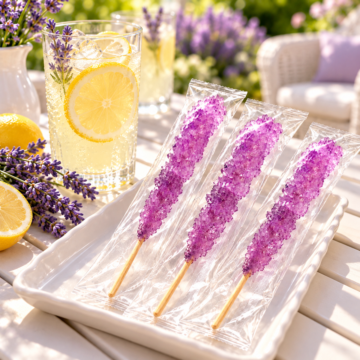 Three wrapped Lavender Rock Candy sticks on a white tray beside a glass of lemonade on a sunny patio