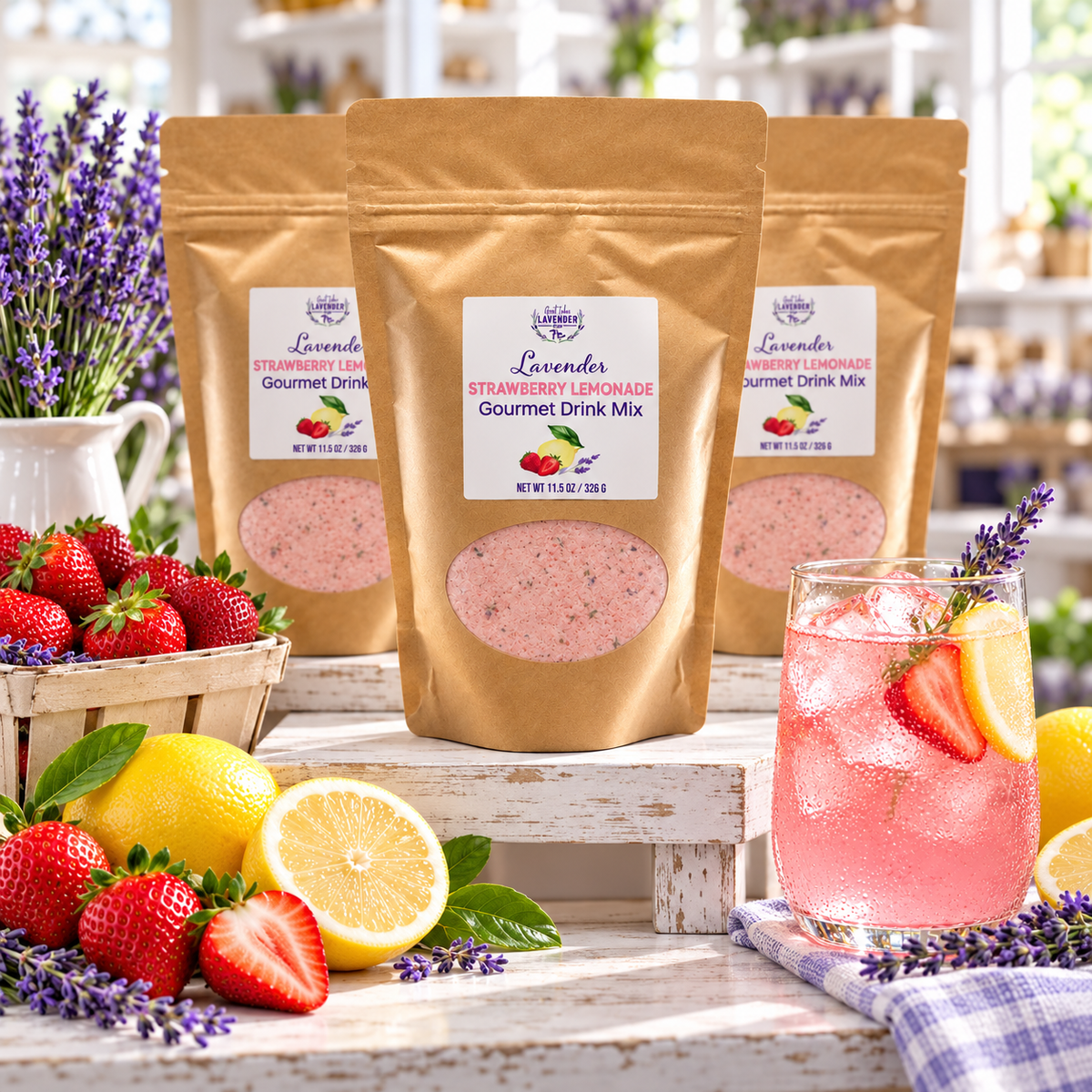 Three Lavender Strawberry Lemonade Gourmet Mix pouches with strawberries, lemons and a glass of lemonade