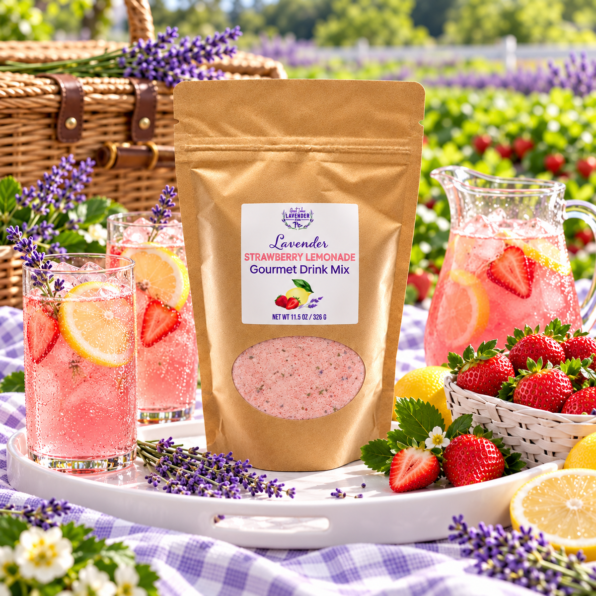 Lavender Strawberry Lemonade Gourmet Mix pouch on a picnic tray with lemonade glasses and strawberries